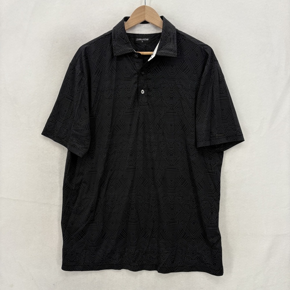 Druids Golf Polo Shirt Mens XL Black Geometric Stretch Performance Casual Travel